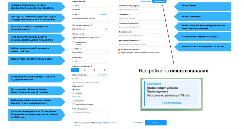 target channels настройка рекламы тг адс в каналах обьяснение и инструкция