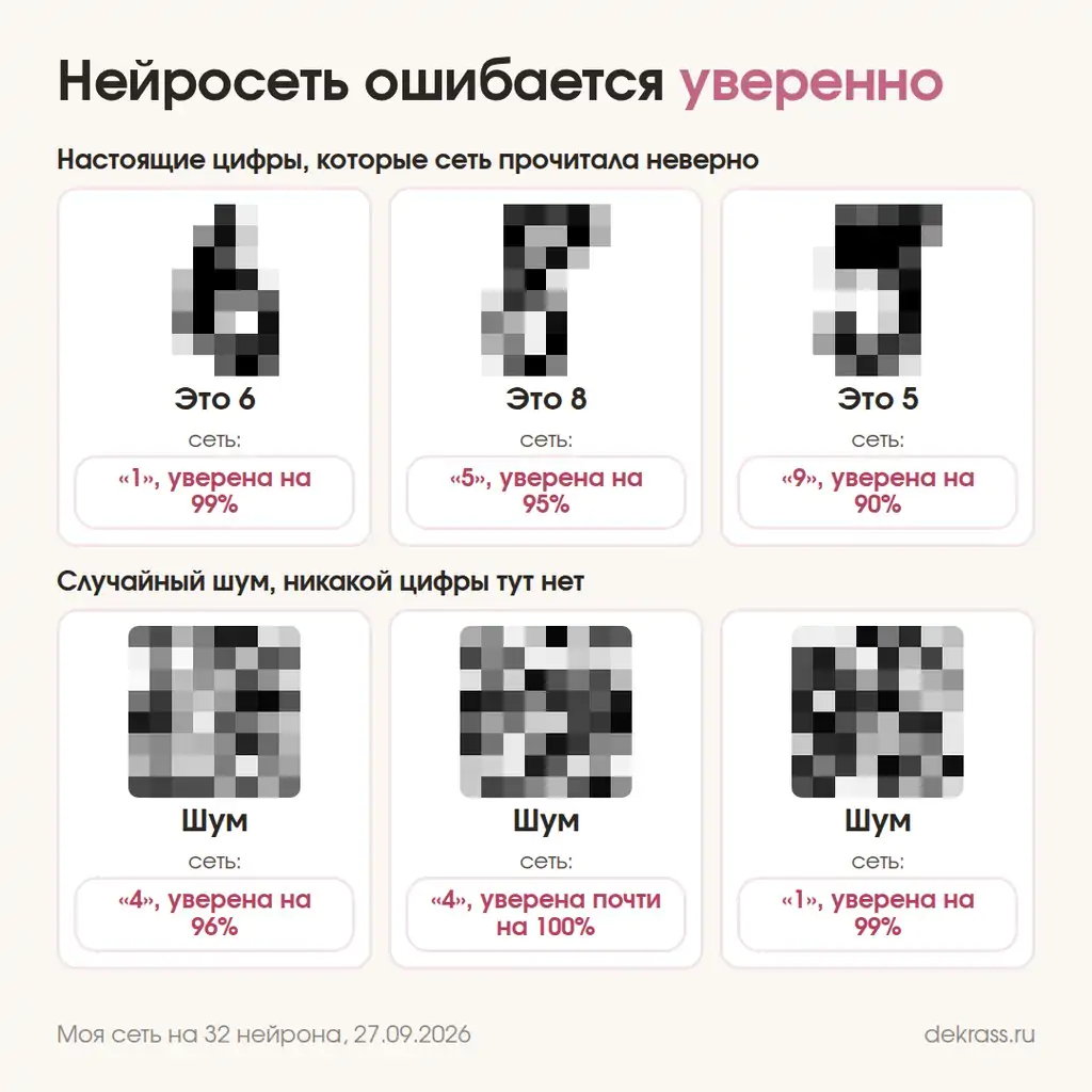 Как нейросеть ошибается: шестёрку назвала единицей на 99%, а случайный шум четвёркой почти на 100%