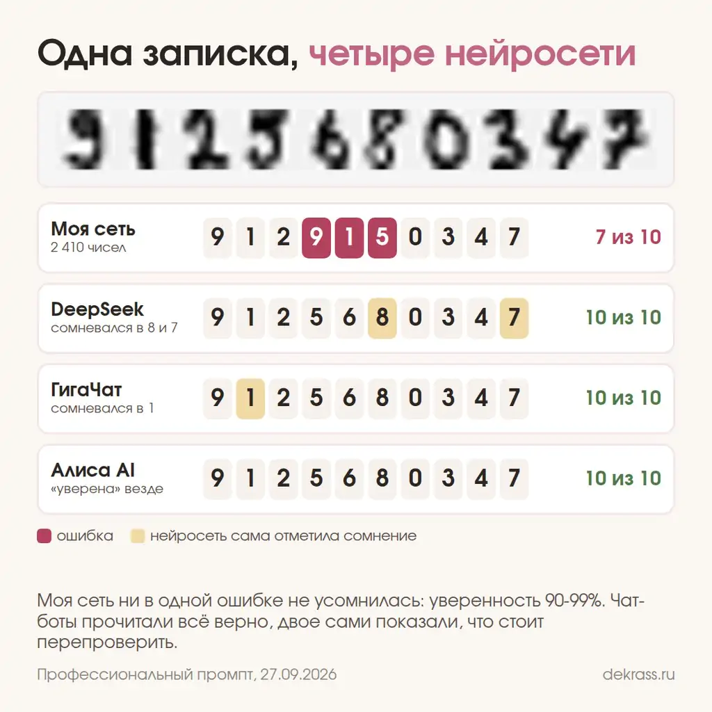 Нейросеть читает рукописный номер телефона: ответы моей сети, Алисы AI, ГигаЧата и DeepSeek
