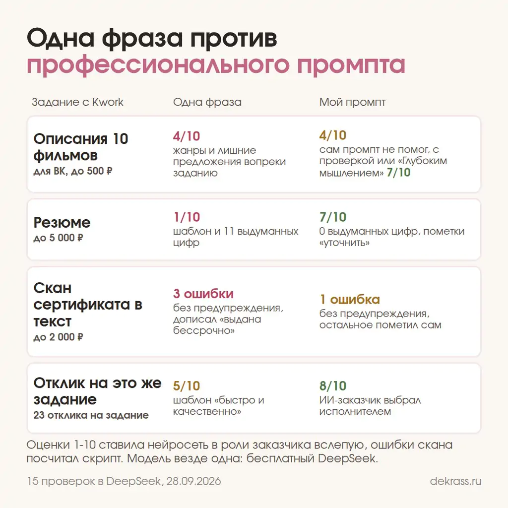 Как пользоваться DeepSeek на заданиях с биржи: одна фраза против моего промпта, оценки ИИ-заказчика