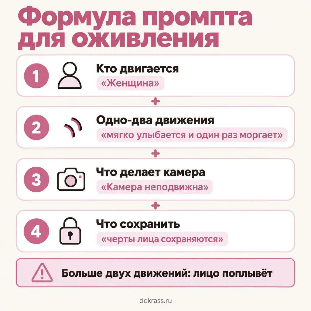 Формула промпта для оживления фото: кто двигается, одно или два движения, камера, что сохранить