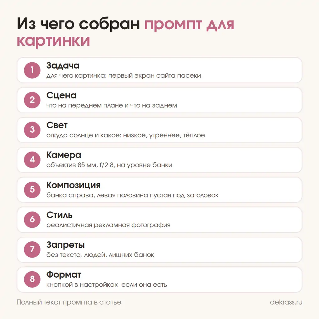 Как написать промпт для картинки в нейросети: задача, сцена, свет, камера, композиция, стиль, запреты, формат