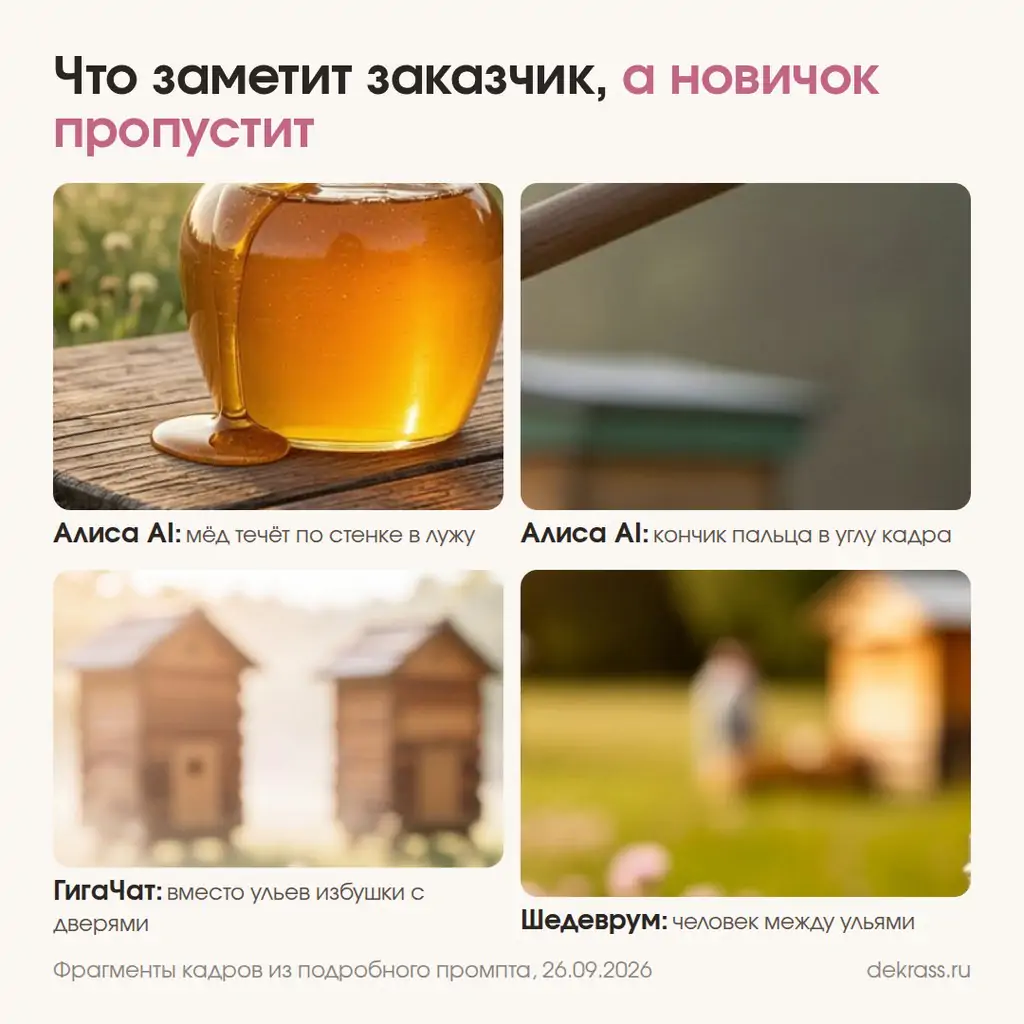 Ошибки нейросети на картинке: мёд течёт мимо банки, палец в углу кадра, ульи-избушки, человек на заднем плане