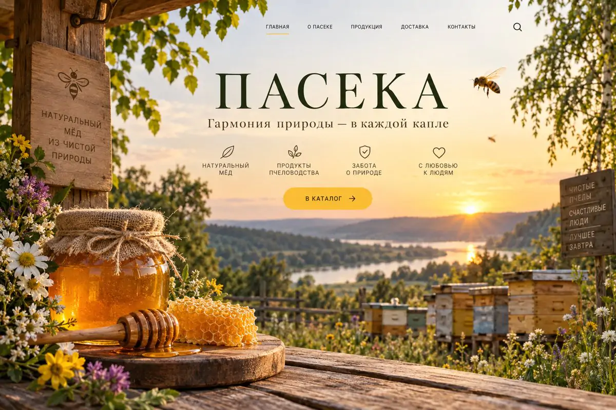 Картинка нейросети по промпту в одну фразу: GPT Image нарисовал целый сайт пасеки с меню и выдуманным слоганом