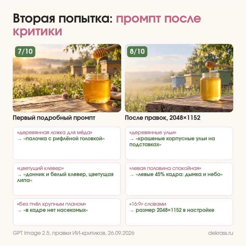 Как улучшить промпт для картинки: шесть правок после критики, до и после, 7 и 8 из 10