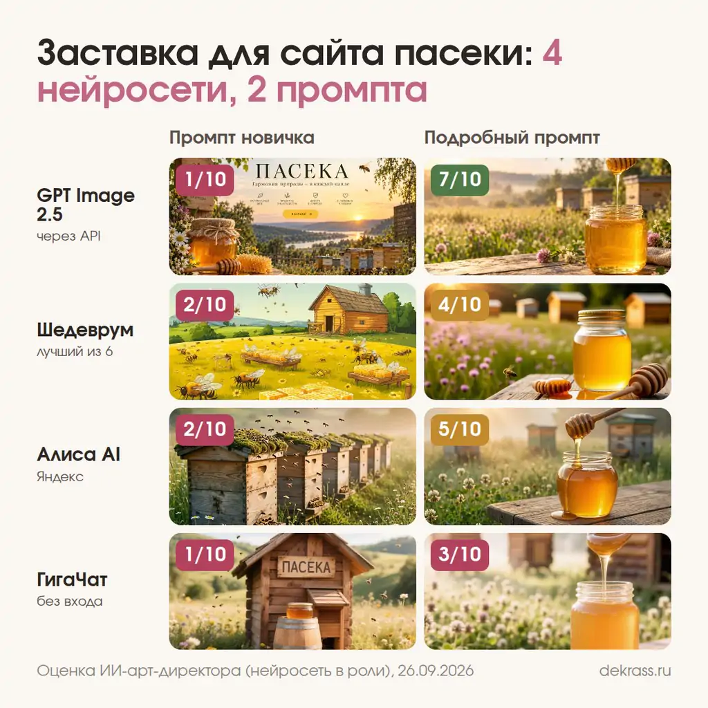 Генерация картинок нейросетью: заставка для сайта пасеки в GPT Image, Шедевруме, Алисе AI и ГигаЧате, промпт новичка и подробный промпт с оценками