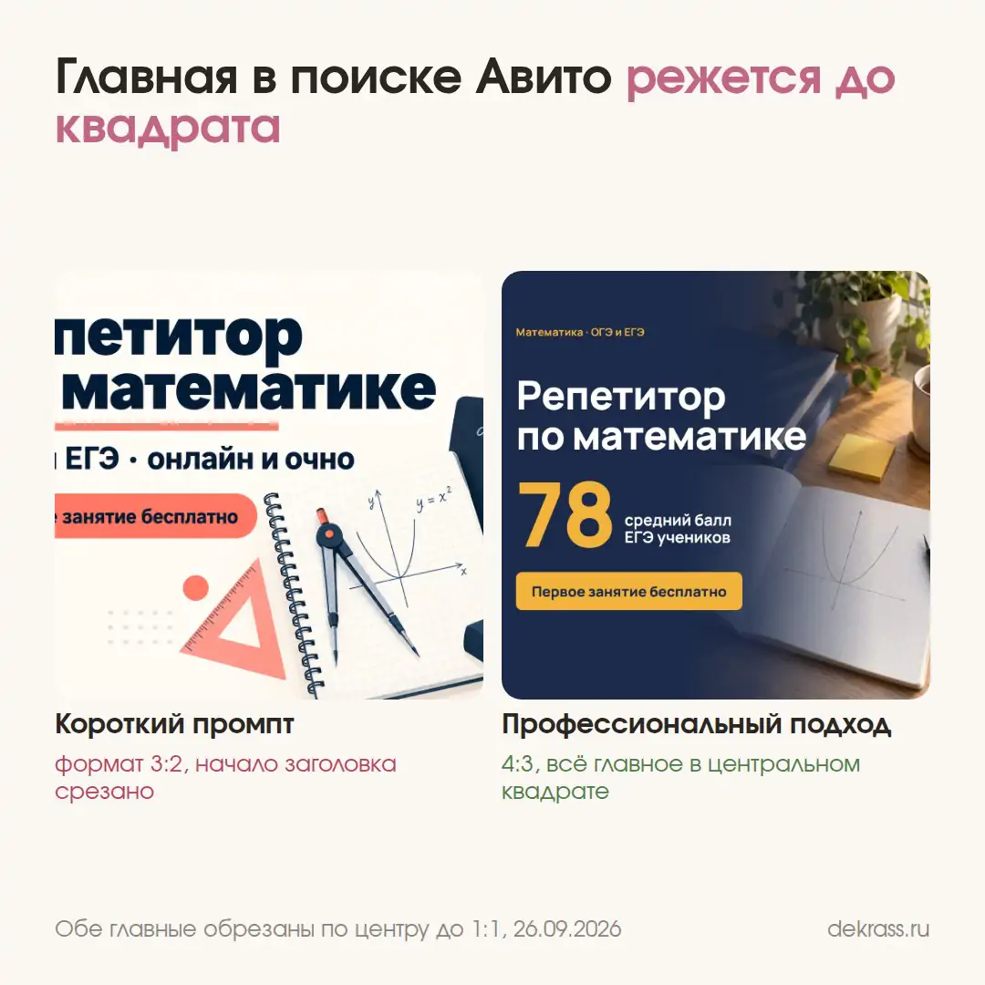 Главная картинка объявления на Авито в квадратной обрезке: короткий промпт срезает заголовок, профессиональная держит всё в центре