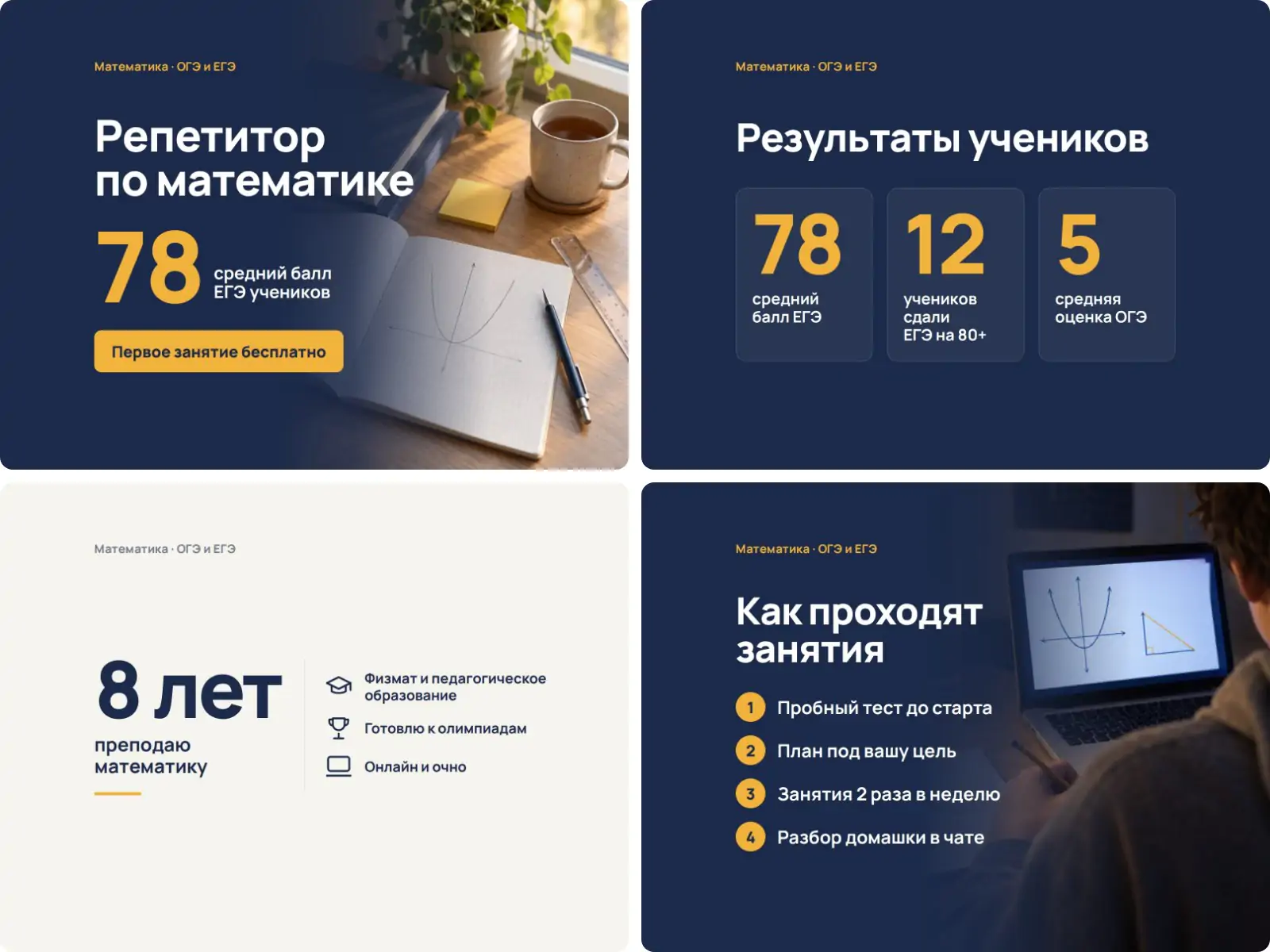 Как заработать на нейросетях на Авито: четыре картинки для объявления репетитора, профессиональный уровень, главная, результаты, опыт, занятия