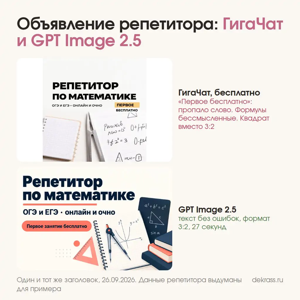 Нейросеть для заработка на Авито: главная картинка репетитора из бесплатного ГигаЧата с ошибкой в тексте и из GPT Image 2.5 без ошибок
