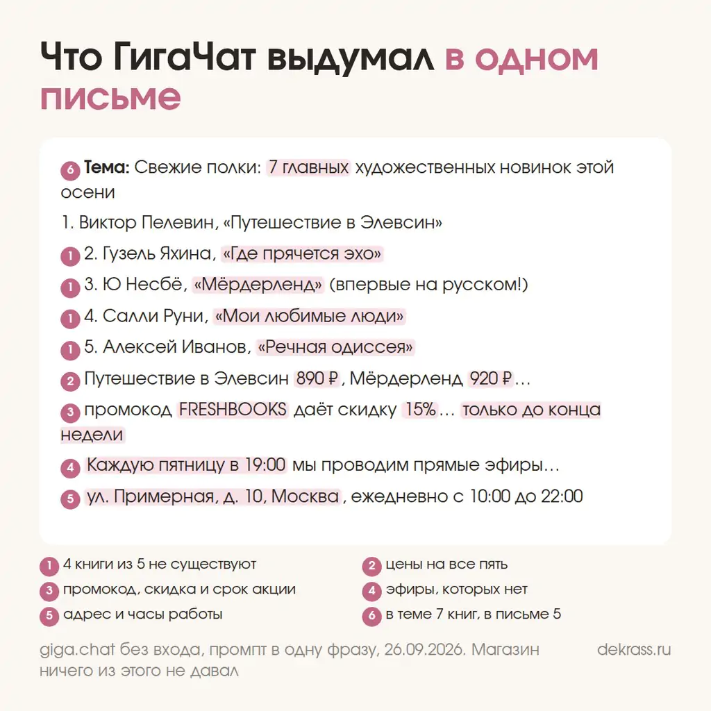 Нейросеть выдумывает факты: ГигаЧат вписал в письмо книжного магазина несуществующие книги, цены, промокод, скидку и адрес
