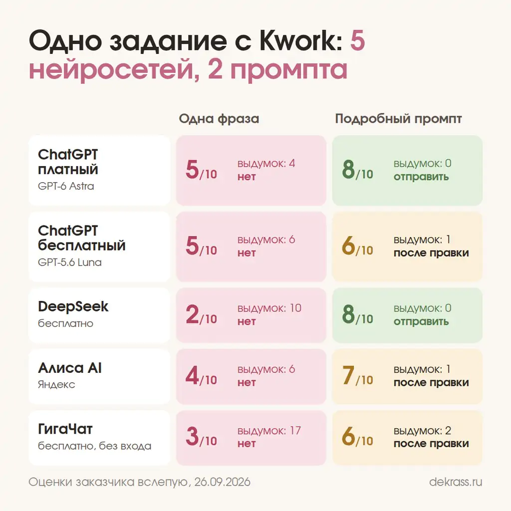 Какая нейросеть лучше: одно задание с Kwork в ChatGPT, DeepSeek, Алисе AI и ГигаЧате, оценки за промпт в одну фразу и подробный промпт