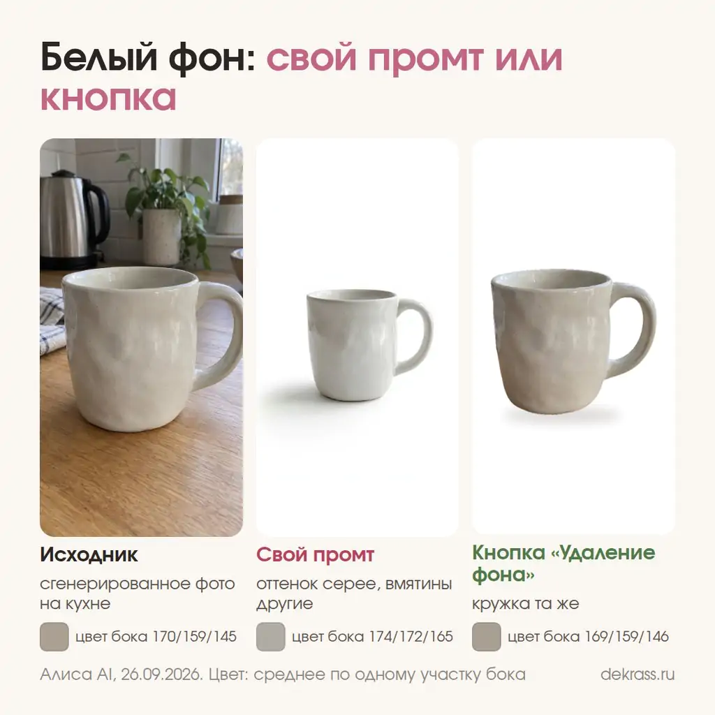 Нейросеть для карточек товара бесплатно: исходное фото кружки, белый фон по своему промпту и по кнопке «Удаление фона» в Алисе AI с образцами цвета