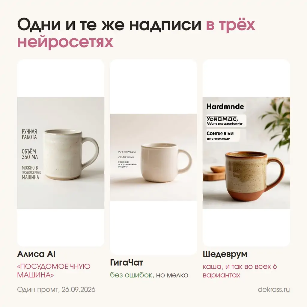 Нейросеть для инфографики на маркетплейс: одни и те же надписи на кружке в Алисе AI, ГигаЧате и Шедевруме