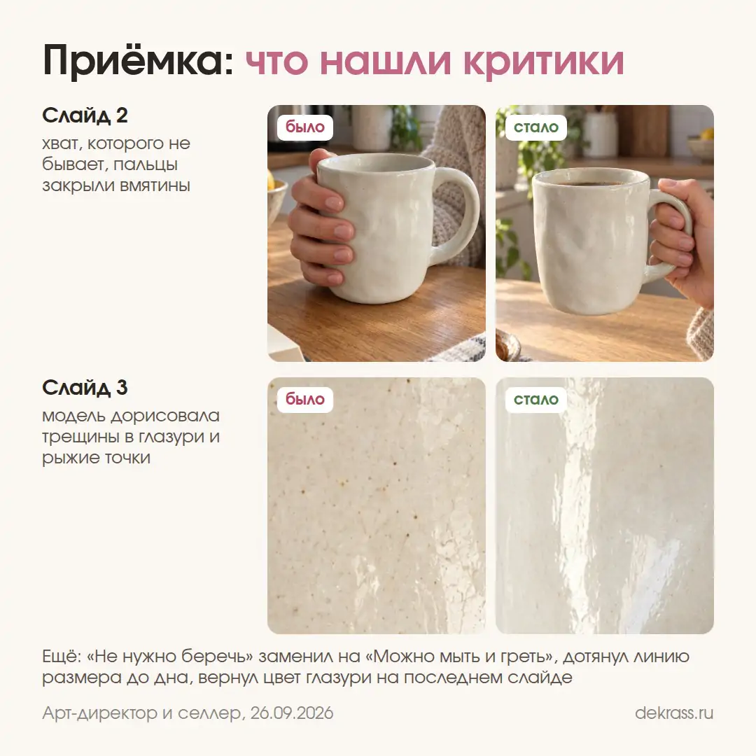 Приёмка карточки товара от нейросети: неправильный хват руки и дорисованные трещины в глазури до и после правки
