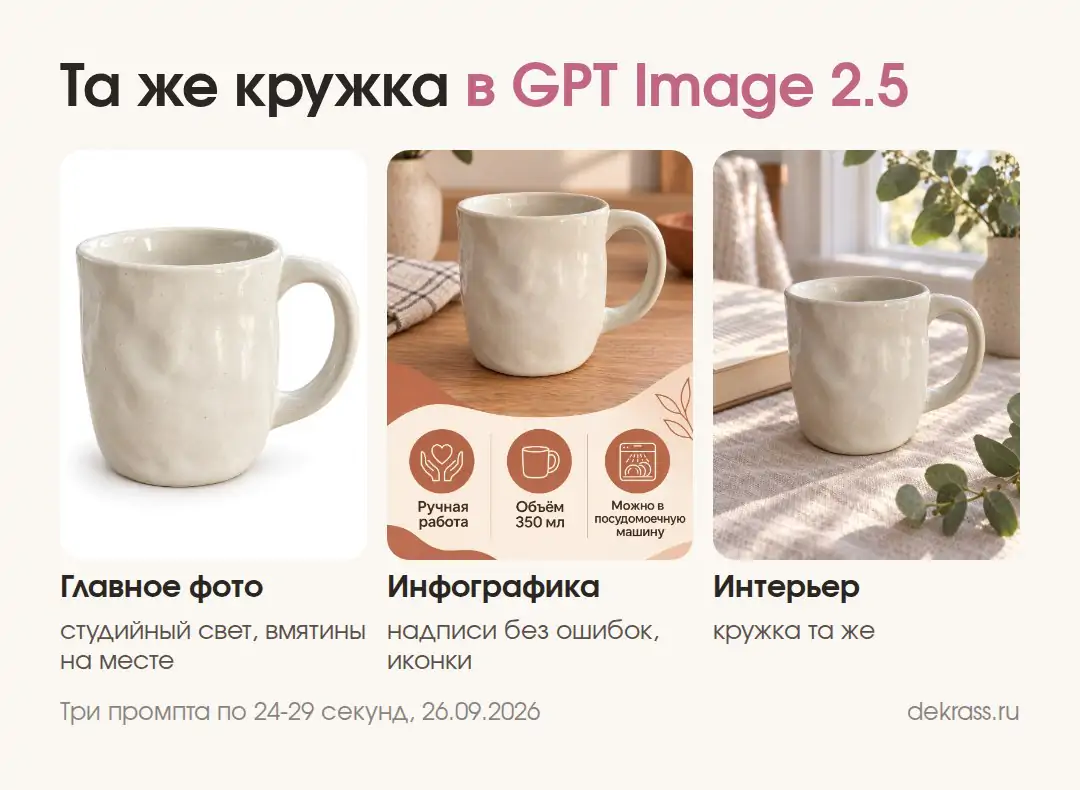 Та же кружка в GPT Image 2.5 с промптом новичка: главное фото, инфографика с иконками и интерьер