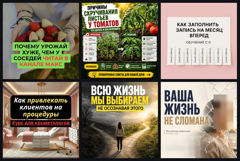 Креативы для продвижения канала в Максе: эксперты-агрономы, бьюти-обучение, психология