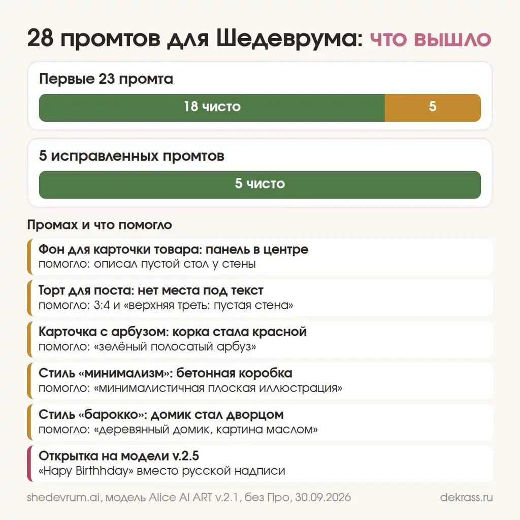 Итог проверки промтов для Шедеврума: 23 промта, 18 чисто, 5 поправить, 5 исправленных сработали
