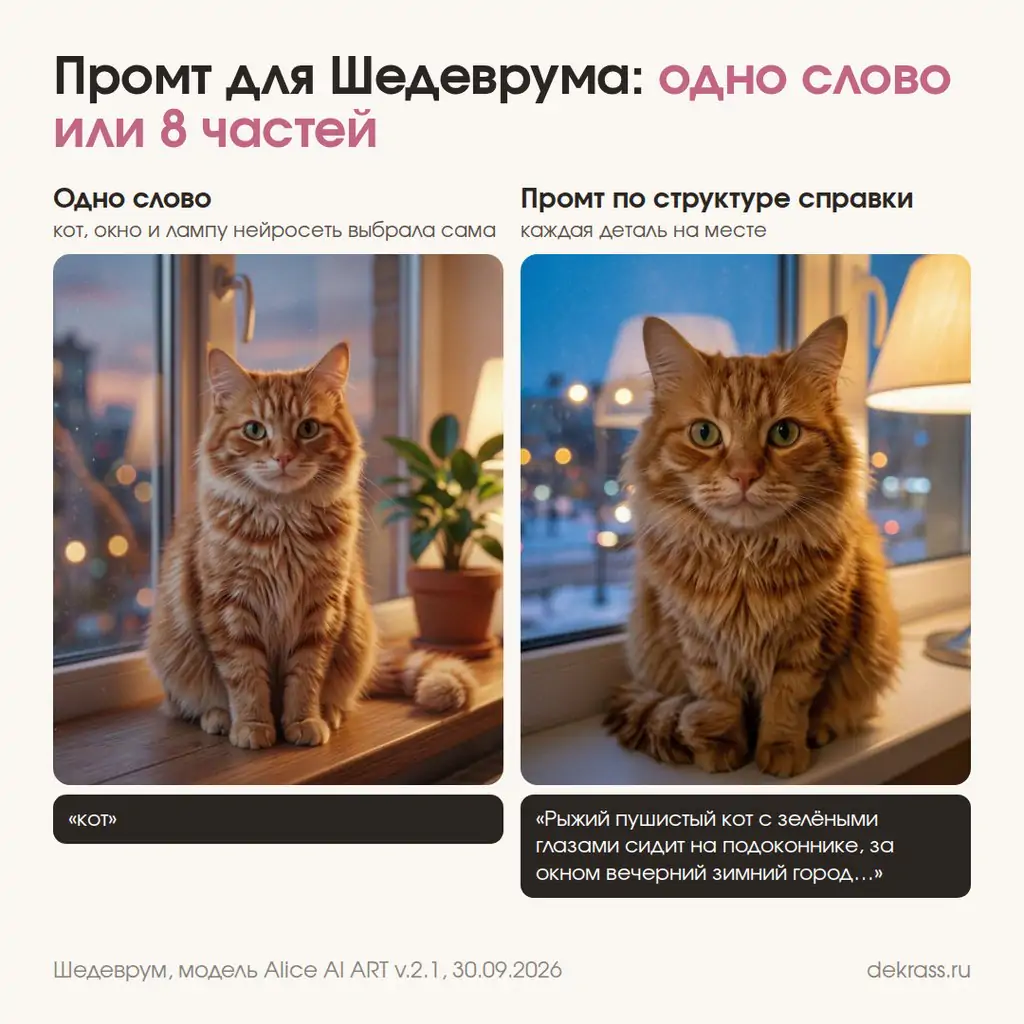 Промт для Шедеврума: одно слово кот и подробный промт из восьми частей, две картинки рядом