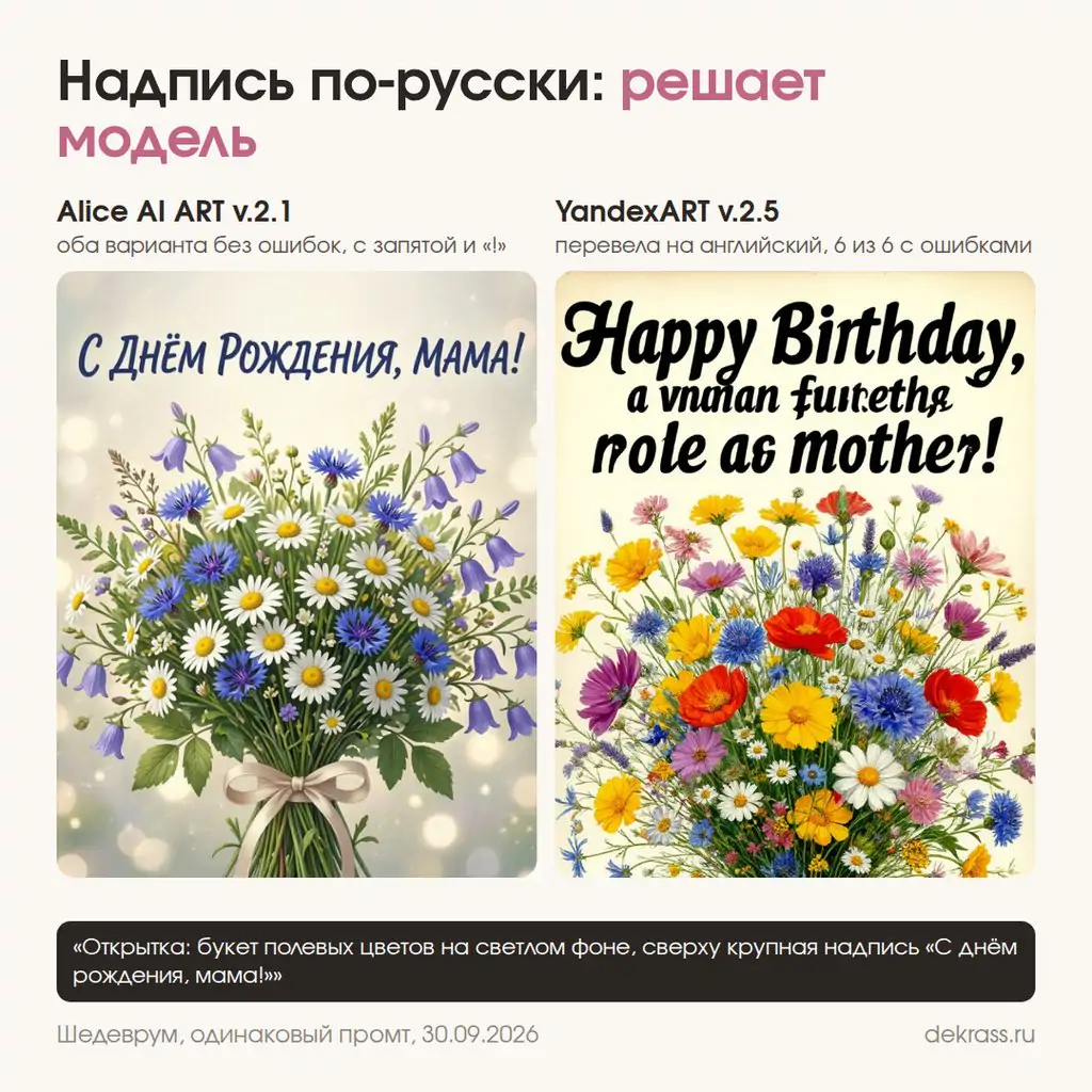 Надпись по-русски в Шедевруме: модель Alice AI ART v.2.1 и YandexART v.2.5 на одном промте