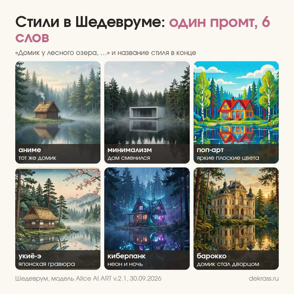 Стили в Шедевруме: домик у лесного озера в стилях аниме, минимализм, поп-арт, укиё-э, киберпанк, барокко