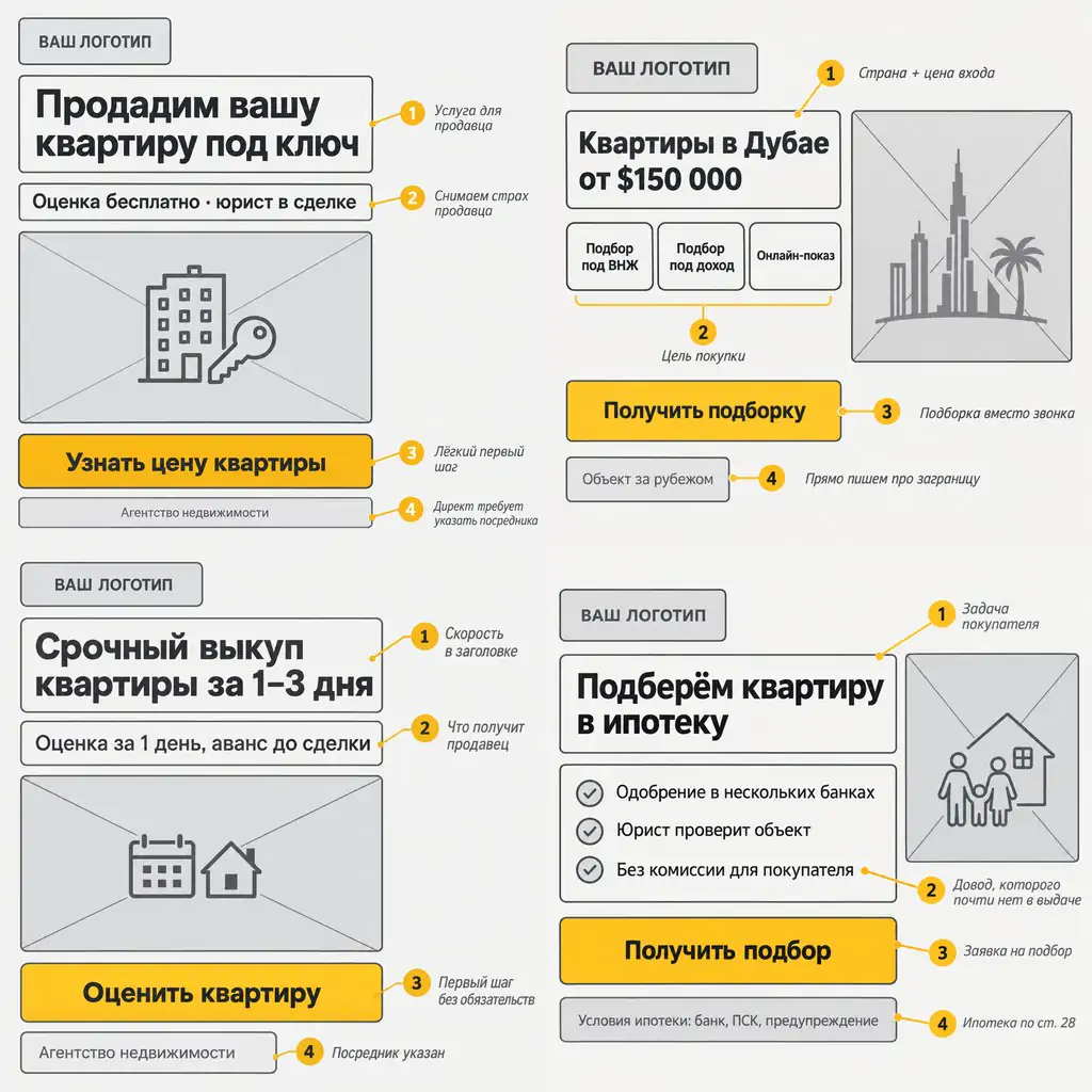 Скелеты объявлений агентства недвижимости: продадим квартиру под ключ, квартиры в Дубае от $150 000, срочный выкуп за 1–3 дня, подберём квартиру в ипотеку