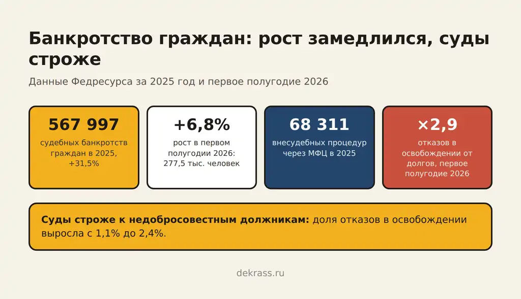 Банкротство граждан в 2025 и 2026 годах: судебные и внесудебные процедуры, рост и отказы в освобождении