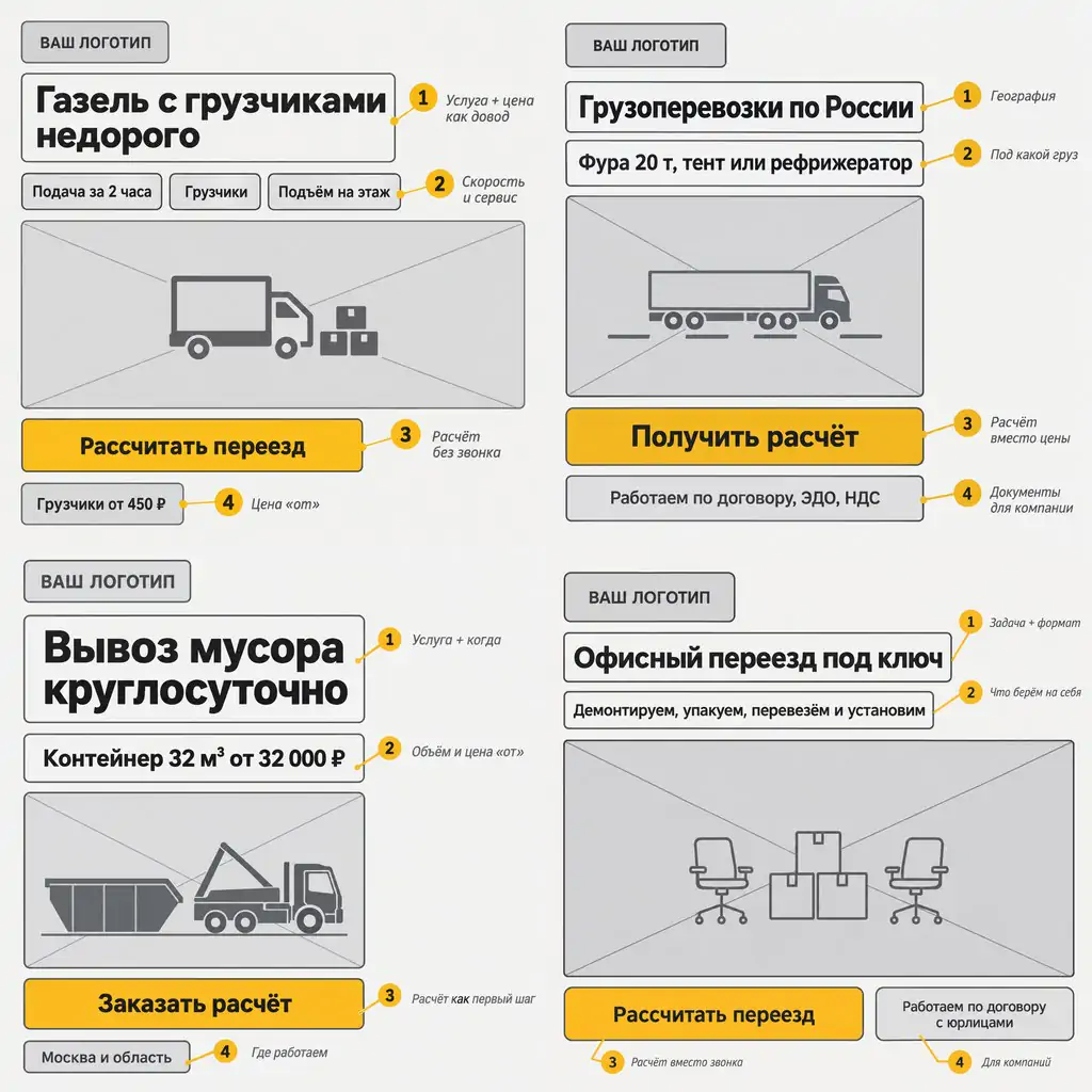 Скелеты объявлений грузоперевозок: газель с грузчиками недорого, грузоперевозки по России с расчётом, вывоз мусора круглосуточно, офисный переезд под ключ