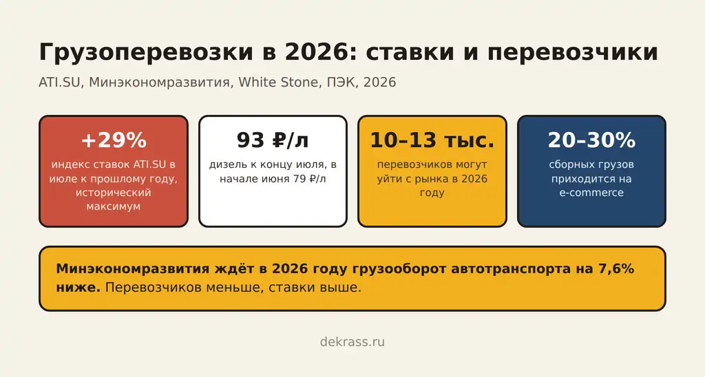 Реклама грузоперевозок в 2026: ставки ATI.SU +29%, дизель 93 ₽/л, уход перевозчиков, сборные грузы e-commerce