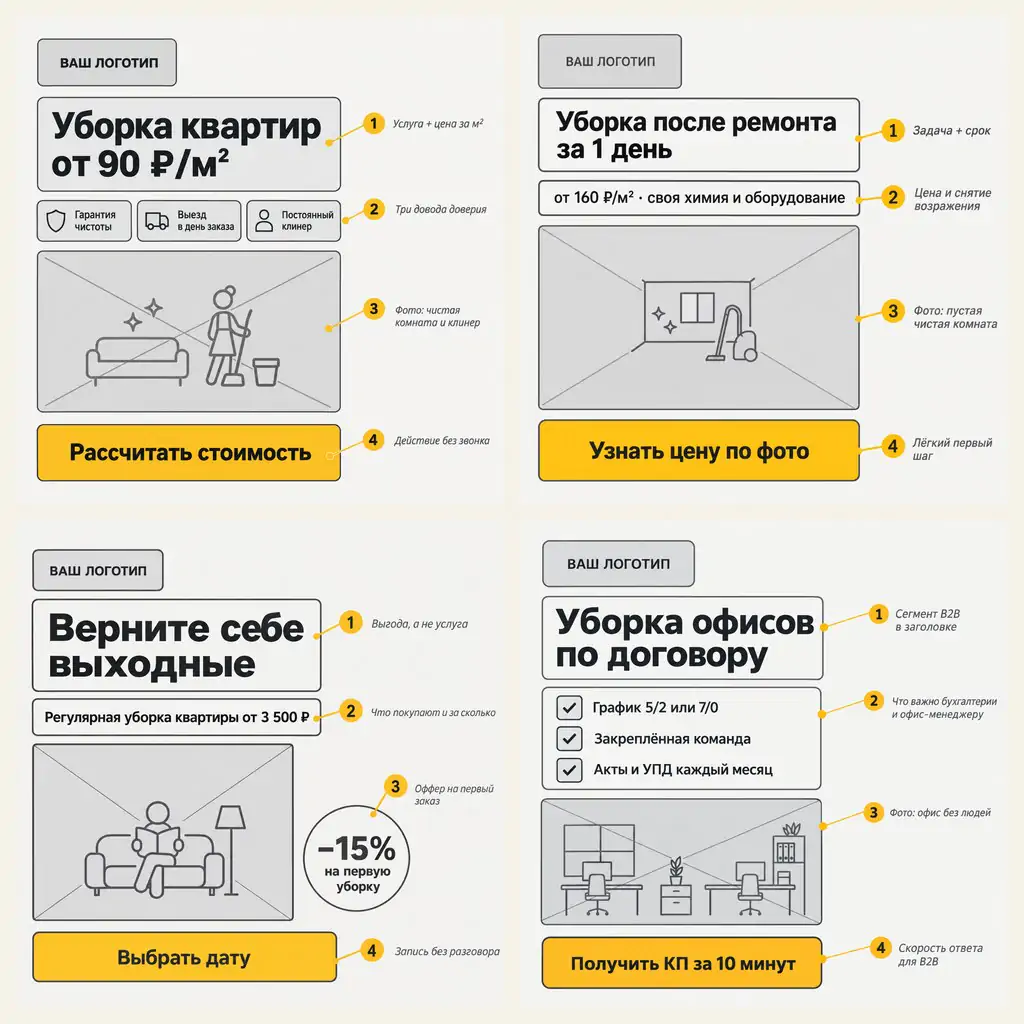 Скелеты объявлений клининга: уборка квартир от 90 ₽/м², уборка после ремонта за 1 день, верните себе выходные, уборка офисов по договору