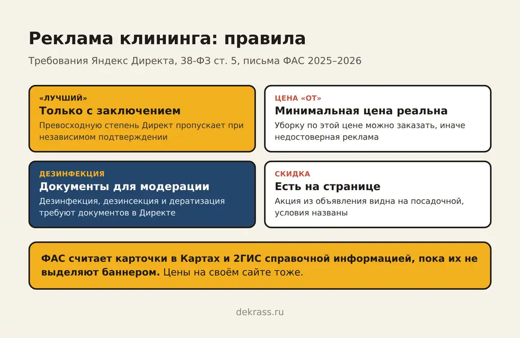 Реклама клининговых услуг: «лучший» только с заключением, цена «от» реальная, документы на дезинфекцию, скидка на странице