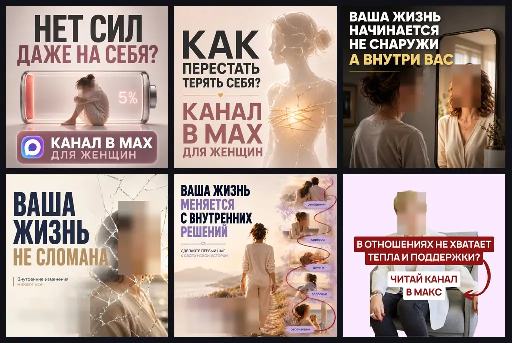 Креативы для рекламы психолога в РСЯ Яндекса: подписка на канал в MAX