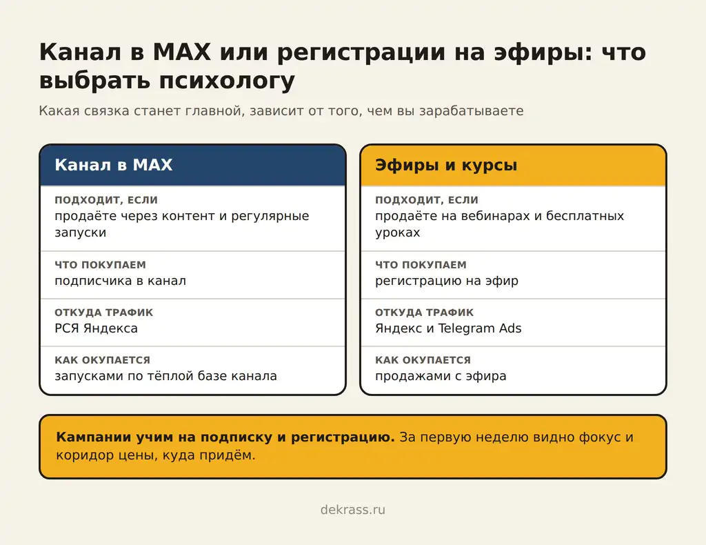 Реклама психолога: канал в MAX из РСЯ или регистрации на эфиры из Яндекса и Telegram Ads, что выбрать