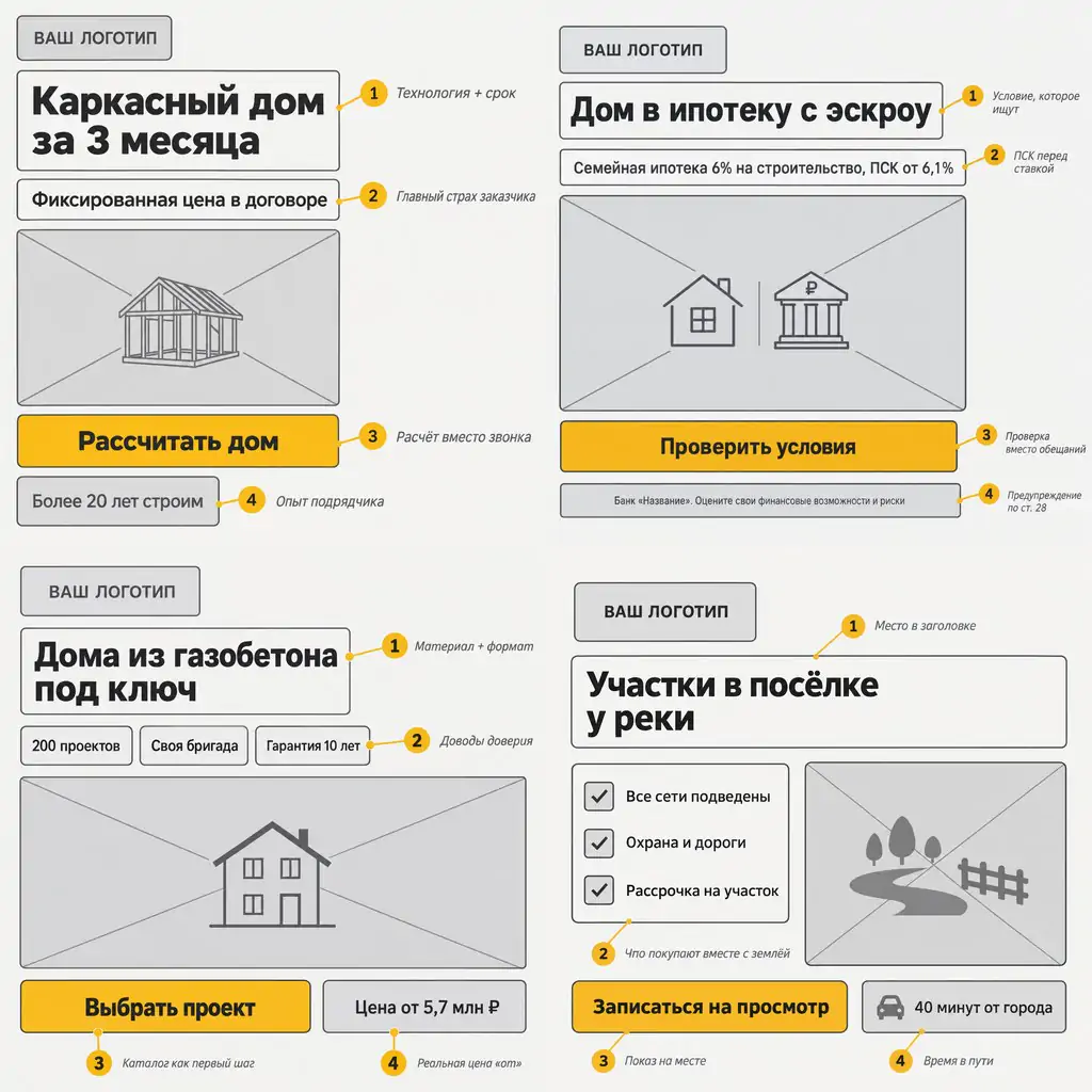 Скелеты объявлений строительства домов: каркасный дом за 3 месяца, дом в ипотеку с эскроу, дома из газобетона от 5,7 млн ₽, участки в посёлке у реки
