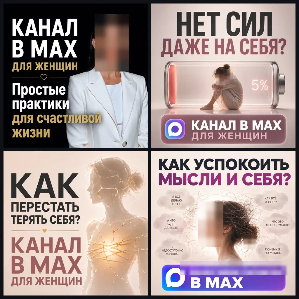 Креативы для рекламы канала психолога в MAX через Яндекс Директ: четыре рабочие картинки