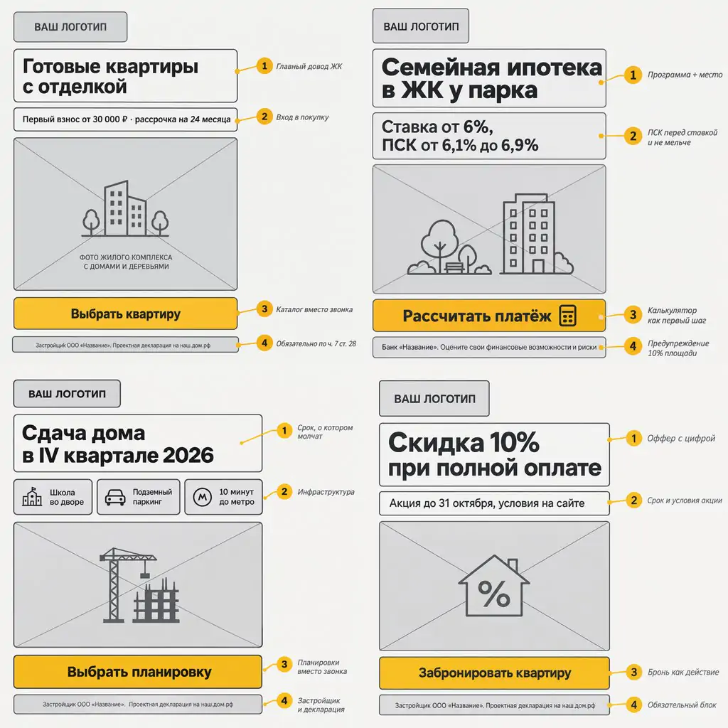 Скелеты объявлений застройщика: готовые квартиры с отделкой, семейная ипотека в ЖК у парка, сдача дома в IV квартале 2026, скидка 10% при полной оплате