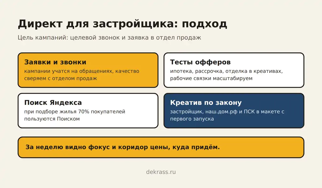 Продвижение ЖК в Директе: заявки и звонки, тесты офферов ипотеки и рассрочки, поиск Яндекса, креатив по закону