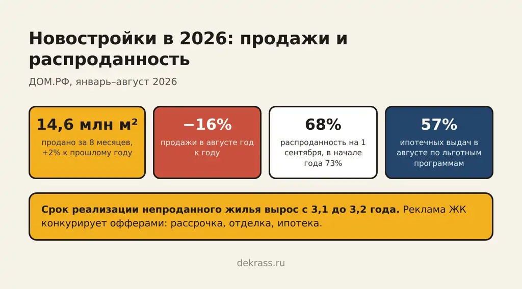 Реклама новостроек в 2026: продажи ДОМ.РФ за 8 месяцев, падение в августе, распроданность 68%, льготная ипотека