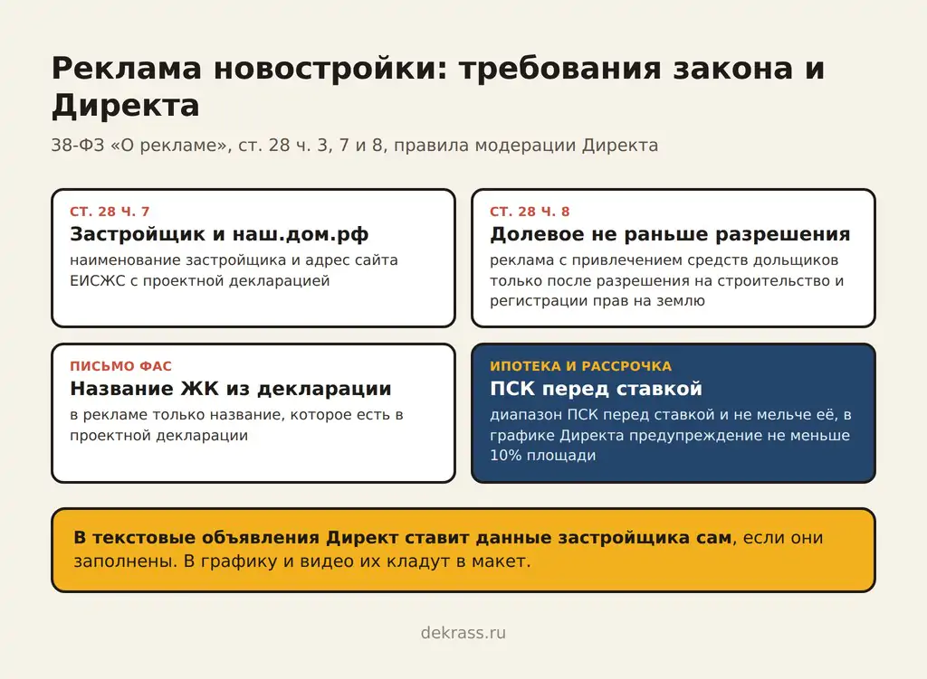 Реклама новостройки и закон: застройщик и наш.дом.рф, разрешение на строительство, название ЖК из декларации, ипотека с ПСК