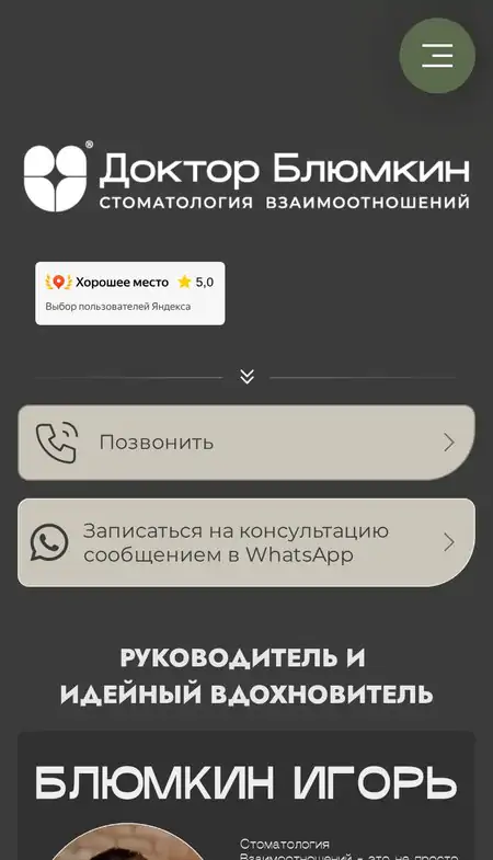 Пример таплинка на тарифе PRO: стоматология с кнопками звонка и записи в мессенджер