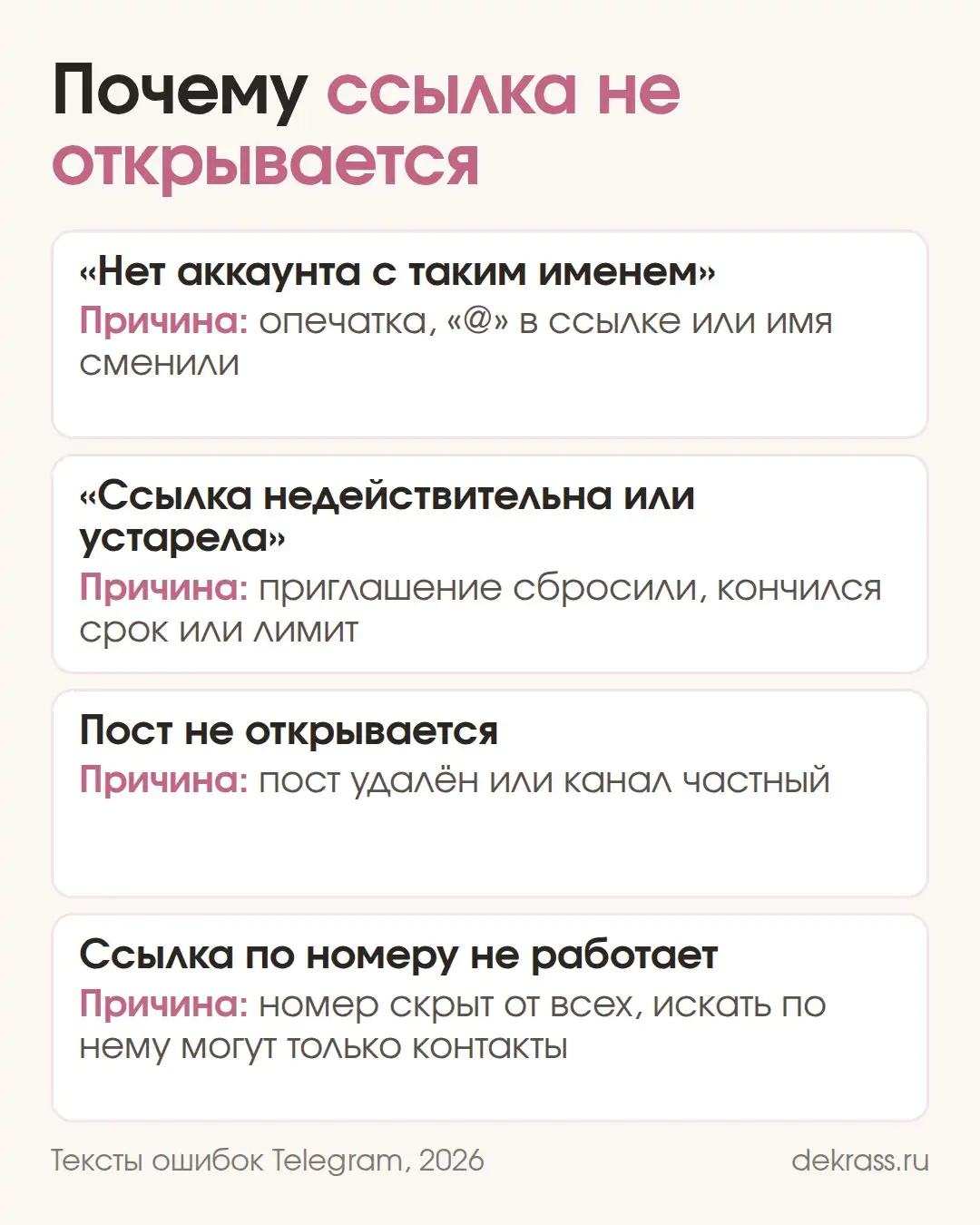Почему ссылка на Телеграм не открывается: нет аккаунта с таким именем, приглашение устарело, пост удалён, ссылка по номеру закрыта