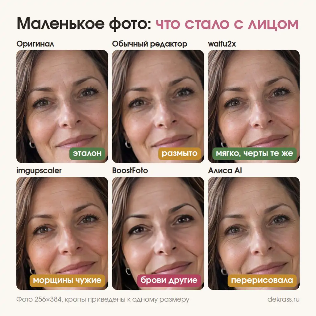 Увеличить разрешение фото нейросетью: лицо после waifu2x, imgupscaler, BoostFoto, Алисы AI и обычного редактора рядом с оригиналом