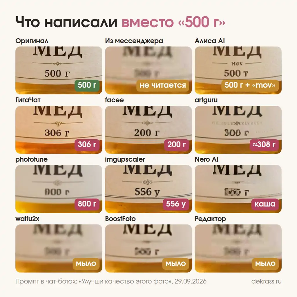 Вес на банке мёда после нейросетей: 306 г, 200 г, 800 г и 556 у вместо 500 г