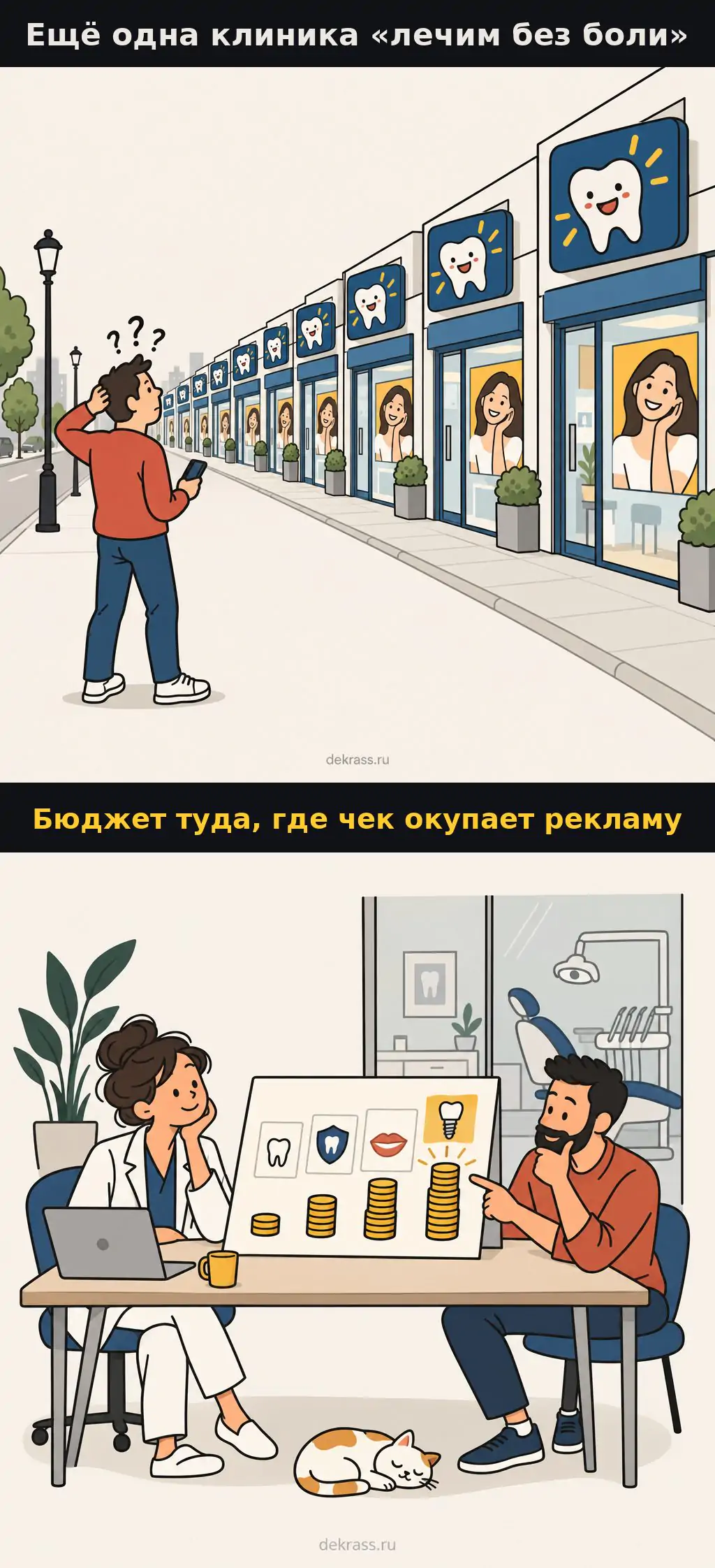 Реклама зубной клиники: объявления «лечим без боли» и бюджет по услугам с чеком