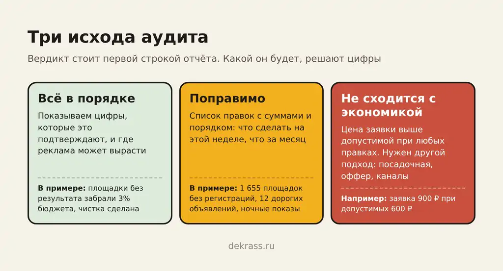 Три исхода аудита Яндекс Директа: ошибки поправимы, цена заявки не сходится с экономикой или реклама в порядке