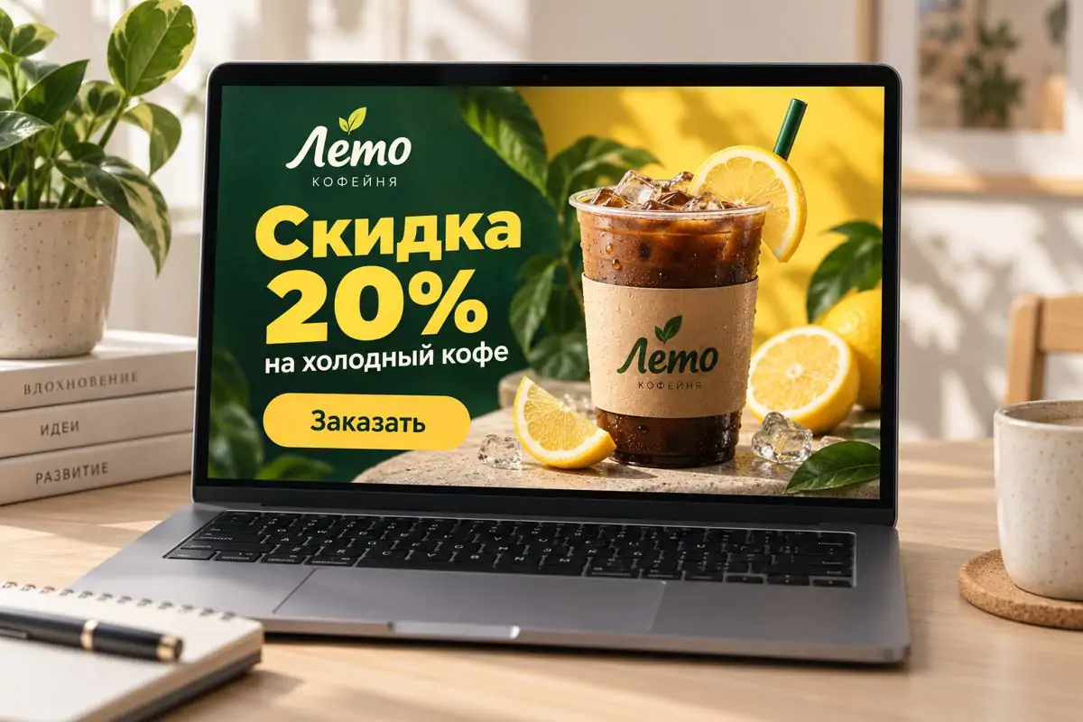 Пример графического дизайна, рекламный баннер кофейни со скидкой 20% на экране ноутбука