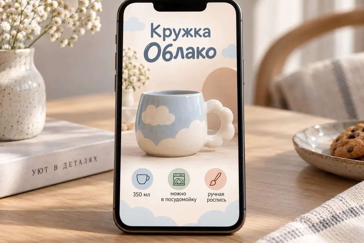 Пример графического дизайна: карточка товара для маркетплейса, кружка и три иконки с преимуществами