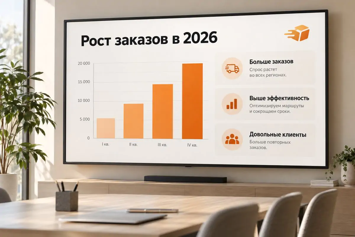 Пример графического дизайна: слайд презентации с графиком роста заказов по кварталам