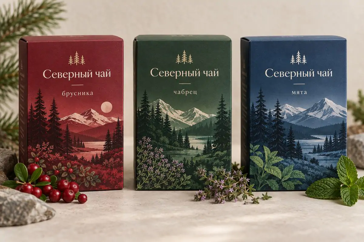 Пример графического дизайна: упаковка чая, три коробки в одном стиле с горами и лесом