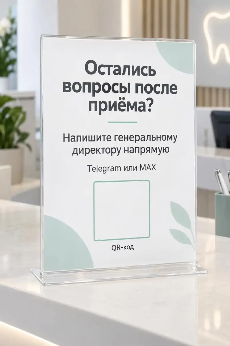 Задание для заработка дома из списка: табличка на ресепшен стоматологии с местом под QR-код и связью с директором