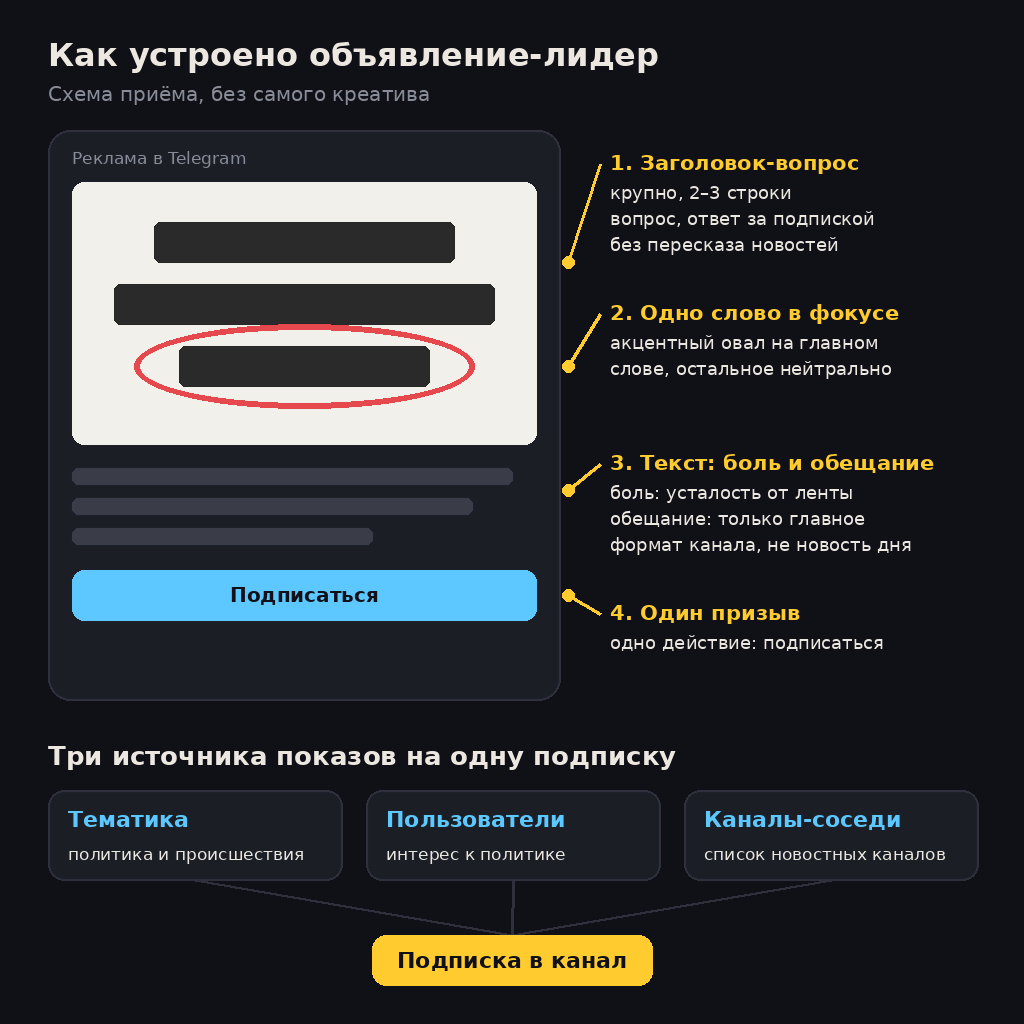 Схема объявления Telegram Ads для новостного канала: заголовок-вопрос, одно слово в фокусе, текст про боль и обещание, один призыв; три источника показов